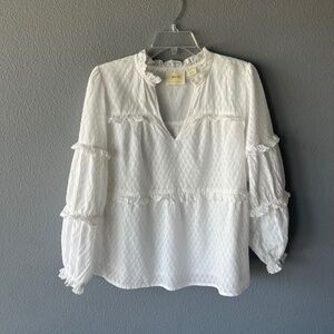 Anthropologie White Ruffled V-Neck Peasant Blouse